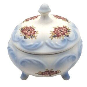 Vintage Matte Ceramic Four-Legged Trinket Dish Bowl W/ Lid Floral Design